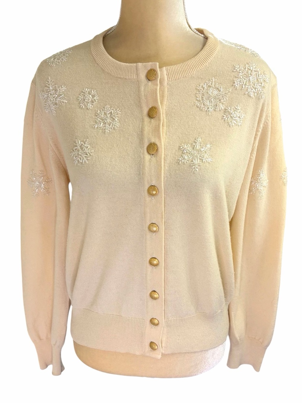 Escada Lambswool Cashmere Angora Beaded Snowflake Cardigan Sweater 38
